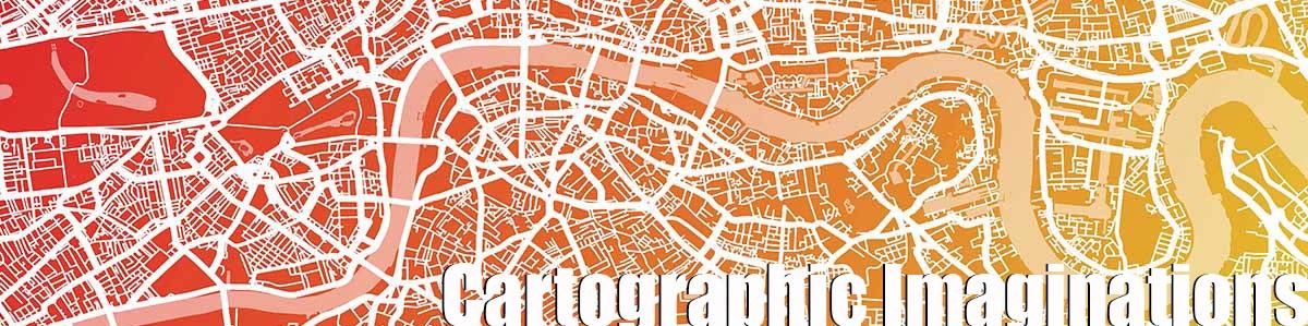 graphic banner of a city plan with street layouts and rivers in red and orange shades and the title Cartographic Imaginations